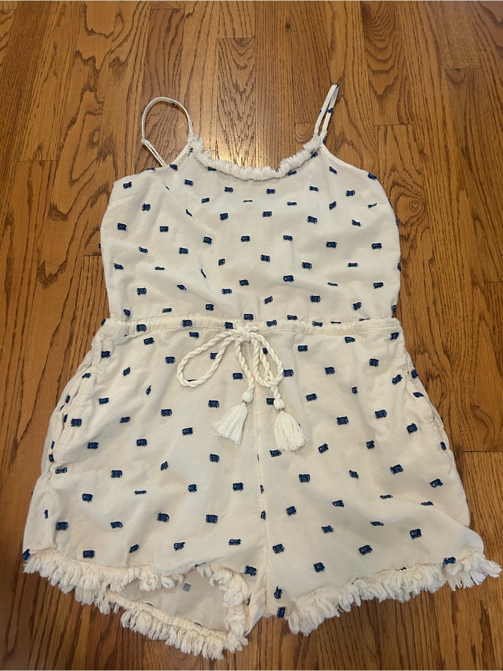 aerie White Romper with Navy Dot Embroidery